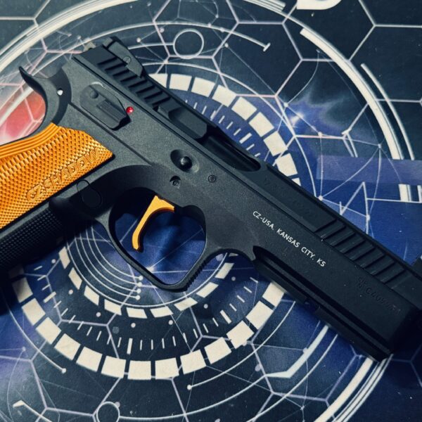 Custom KJ Works CZ Shadow 2 Gel Blaster - Orange Short Grip + Mag Well Flare