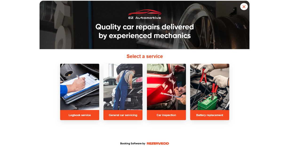 Online vehicle service booking form with customer details, job selection, and instant confirmation