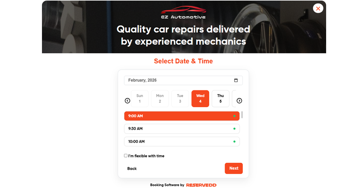 Online vehicle service booking form with customer details, job selection, and instant confirmation