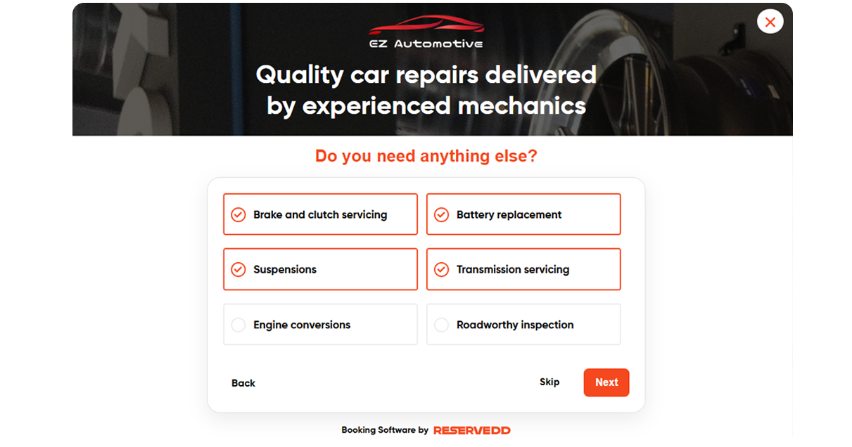 Online vehicle service booking form with customer details, job selection, and instant confirmation