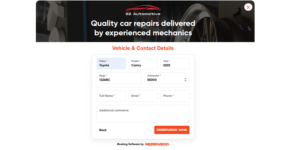 Online vehicle service booking form with customer details, job selection, and instant confirmation